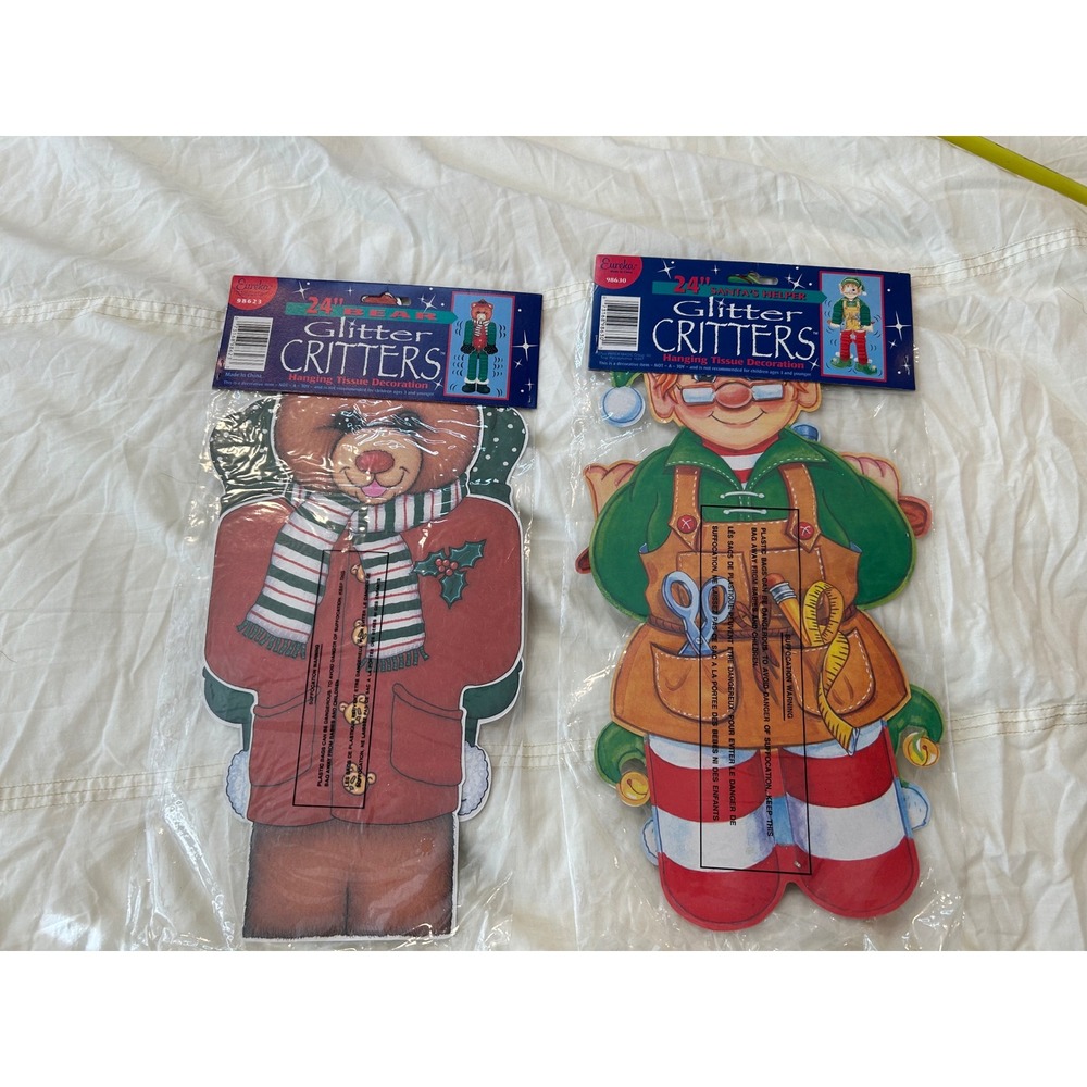 Vintage Eureka Glitter Critters Christmas Holiday Decoration‎ Set Rudolph Elf - Picture 3 of 3